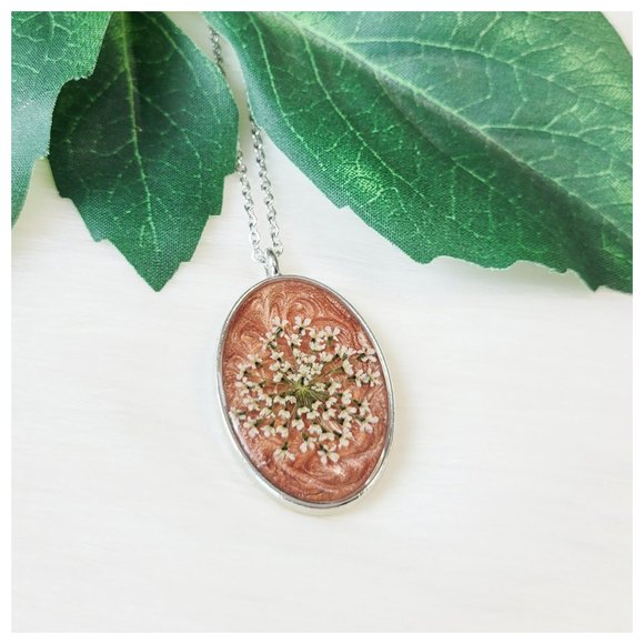 Floral Pendant Necklace Metallic Copper and Cream Pressed Dried Flower Pendant - Picture 9 of 10